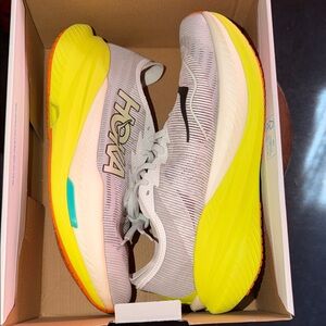 Hoka Neutral Running Shoes in Light Gray and Neon Yellow